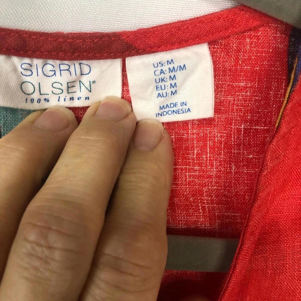 Sigrid Olsen Red Floral Mini Dress Linen Button Closure Pockets - Picture 6 of 8